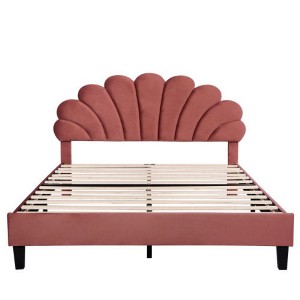 Bean Paste Red Queen-Sized Upholstered Platform Bed with Floral Velvet Headboard - 1 of 4