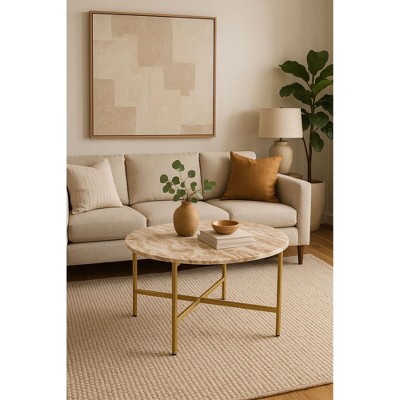 32" Marble Nesting Coffee Table with Golden Metal Frame, Elegant Low-Profile Modern Design for Living Room, Lounge, or Office