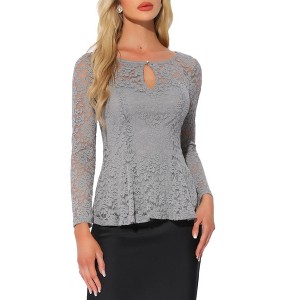 INSPIRE CHIC Women's Floral Lace Front Peplum Hem Keyhole Sheer Long Sleeve Blouse - 1 of 4