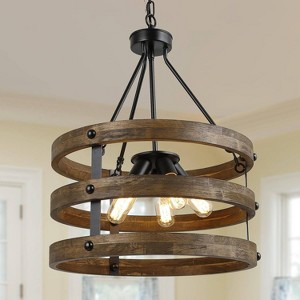 LNC Laius Drum Chandelier, 3-Light Matte Black and Brown Wood, Modern Farmhouse, 15.5-in, 18-in - 1 of 4
