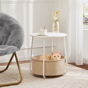 Round Edge End Table, Nightstand & Small Side Table with Linen Basket and Steel Frame, Beige - 1 of 4