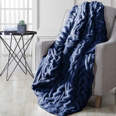 Luxurious Navy Braided Faux Fur & Flannel Throw, 50" x 60"