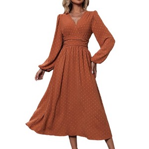 Coolmee Women's Fall Boho Long Dress V Neck Dots High Waisted Wedding Guest Vacation Maxi Dresses - 1 of 4