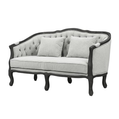 64" Gray Linen Camel-Back Sofa with Dark Brown Carved Wood Frame