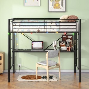 VASIP Twin Metal Loft Bed with Built-In Desk, Power Outlet & LED Lighting | Space-Saving Design, Safety Guardrail & Ladder | No Box Spring Needed - 1 of 4