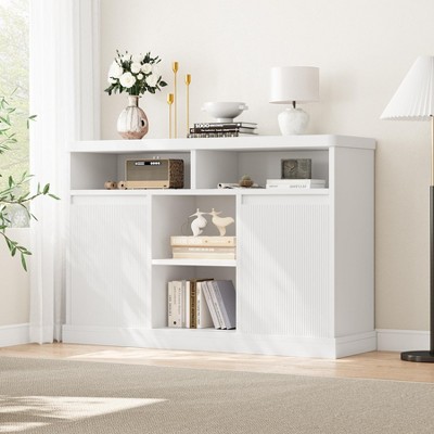 Fluted Sideboard Buffet Cabinet - with Adjustable Shelves, 2 Doors, 4 Semi-Open Cabinets, Wood Coffee Bar Console for Hallway, Dining Room, Living