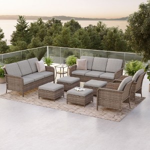 Sonkuki 9 Pieces Patio Sofa with Ottomans Set, All-Weather PE Rattan Wicker, Patio Conversation Couch with Cushion, Sand - 1 of 4