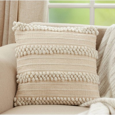 Ivory Pom Pom Striped Cotton Polyester Euro Throw Pillow Cover