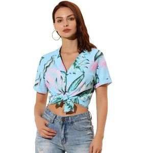Allegra K Women's Hawaiian Floral Leaves Printed Short Sleeve Button Down Vintage Shirt - 1 of 4