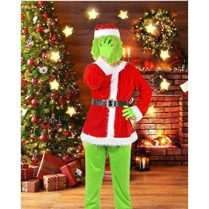 Angel Sar Green Monster Christmas Costume Adult, Grinch Santa Claus Outfit with Latex Mask & Hat, 7-Piece Halloween Cosplay Set - 1 of 4