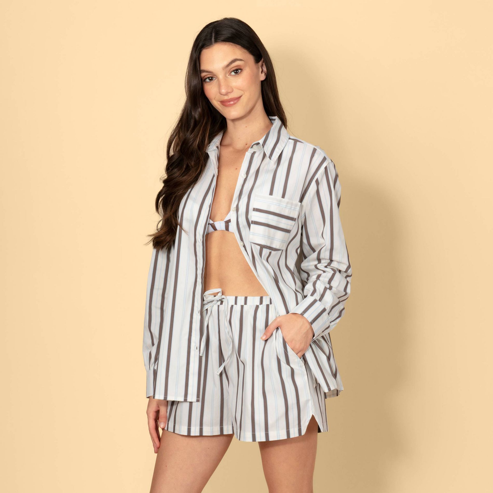 Solid & Striped Women's Mid-Rise Drawstring Poplin Pull-On Shorts - Brown/Cream Striped