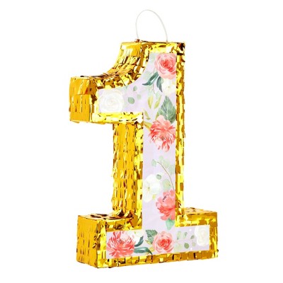 Blue Panda Small Floral Designed Gold Number 1 Pinata, Birthday Pinata, 16.5 x 10.6 x 3 In