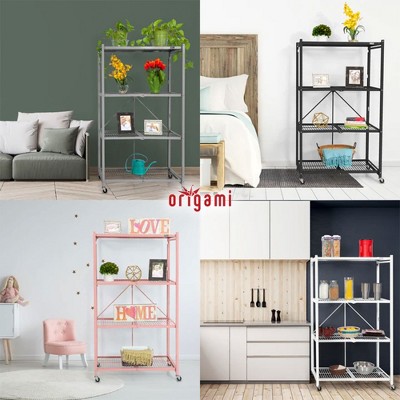 Black 4-Tier Foldable Steel Wire Shelving Unit with Wheels