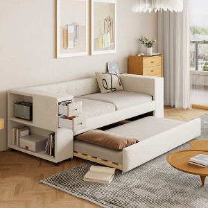 Twin Size Daybed, Velvet Upholstered Storage Platform Bed Frame with Twin Size Trundle Bed, USB Ports -ModernLuxe - 1 of 4