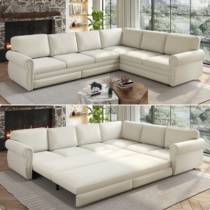 TiramisuBest 118" L-Shaped Sofa Couch with Pull-Out Bed, Oversize Convertible Chenille Sectional Sofa, Living Room, Apartment, Office, Light Grey - 1 of 4