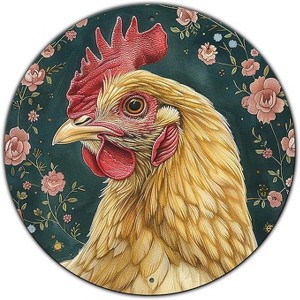 Lomsoe Round Sign Chicken And Flower Tin Sign Retro Aluminum Metal Sign for Kitchen Garden Bar Office Home Indoor Wall Decor 8 Inch - 1 of 1
