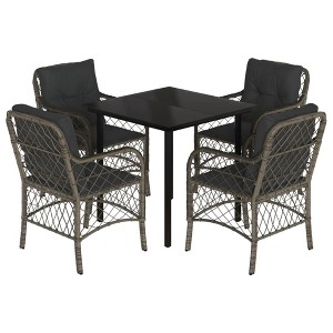 vidaXL 5 Piece Patio Dining Set - PE Rattan Outdoor Furniture with Cushions and Tempered Glass Table, Gray - 1 of 4