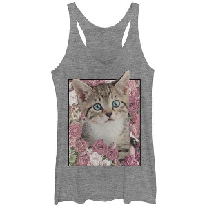 Women's Lost Gods Cat Roses Racerback Tank Top - 1 of 3
