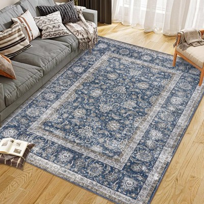 Area Rug for Living Room, Machine Washable Boho Rug for Bedroom, Low Pile Lightweight Thin Floral Vintage Distress Print Pattern Carpet