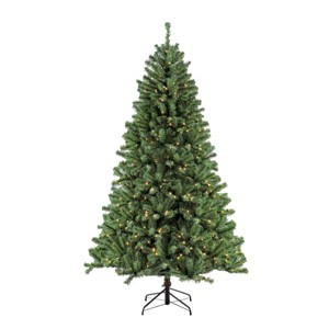 Puleo 7.5ft Pre-lit Artificial Christmas Tree Full Newcastle Fir: Hinged Branches, 500 Clear Lights, Indoor Use - 1 of 3