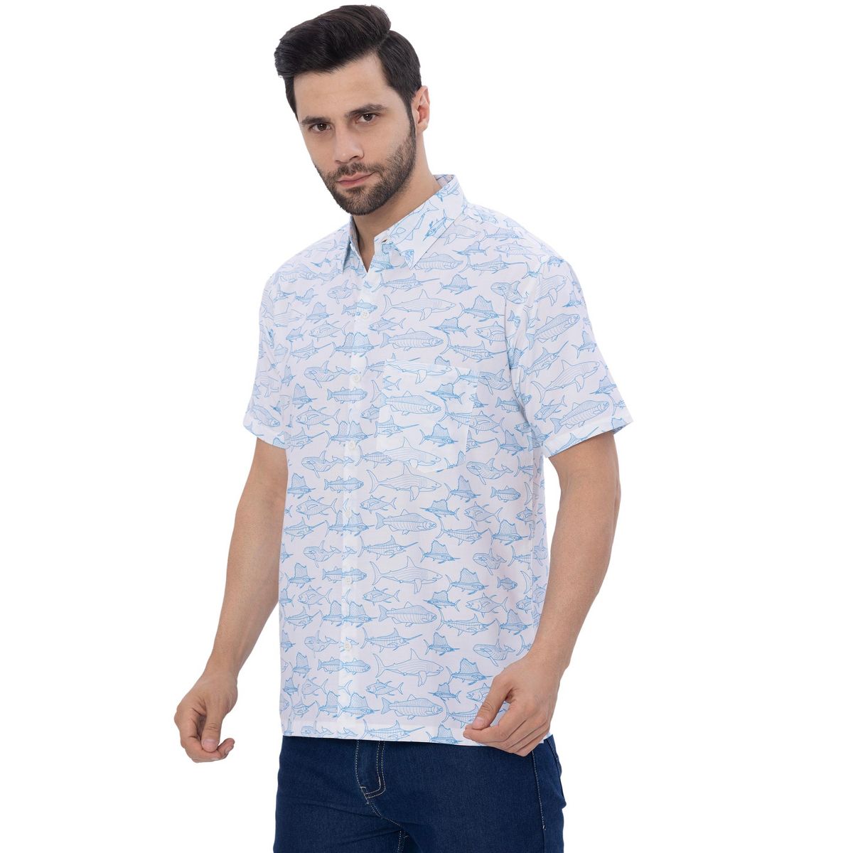 HAPPY BAY Mens Short Sleeve Button Down Casual Beach Shirt XXL Saltwater Fish Blue White - thumbnail 5