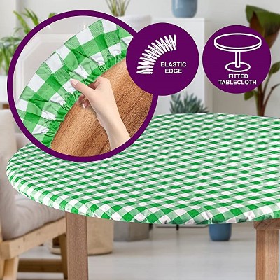 Green Checkered Vinyl Round Fitted Tablecloth with Elastic