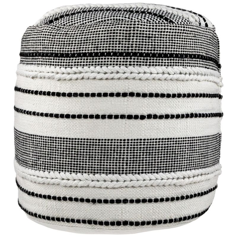 Northlight 18" White and Black Striped Outdoor Woven Pouf Ottoman, 1 of 7