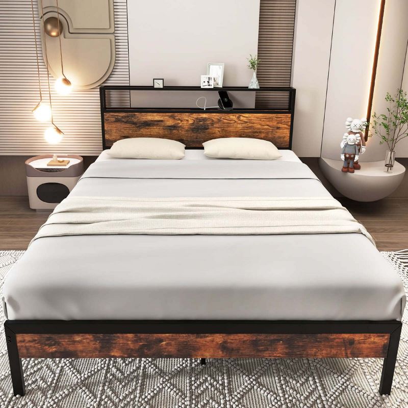 Costway Twin/Full/Queen Bed Frame with Storage Headboard Charging Station 18W USB C Port Rustic Brown, 5 of 11
