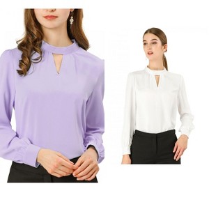 INSPIRE CHIC Women's Office Keyhole Elegant Stand Collar Long Sleeve Button Blouse 2 Packs - 1 of 4