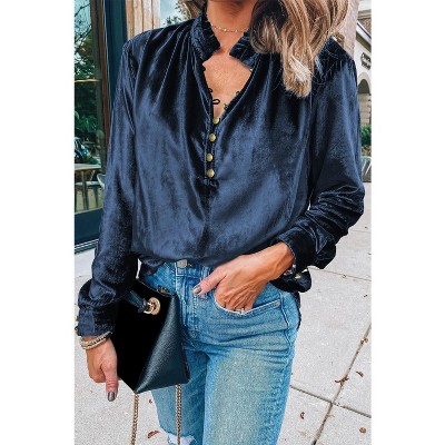 I AM A FASHION JUNKY Desert Palm Frilled Neck Buttoned Front Velvet Top