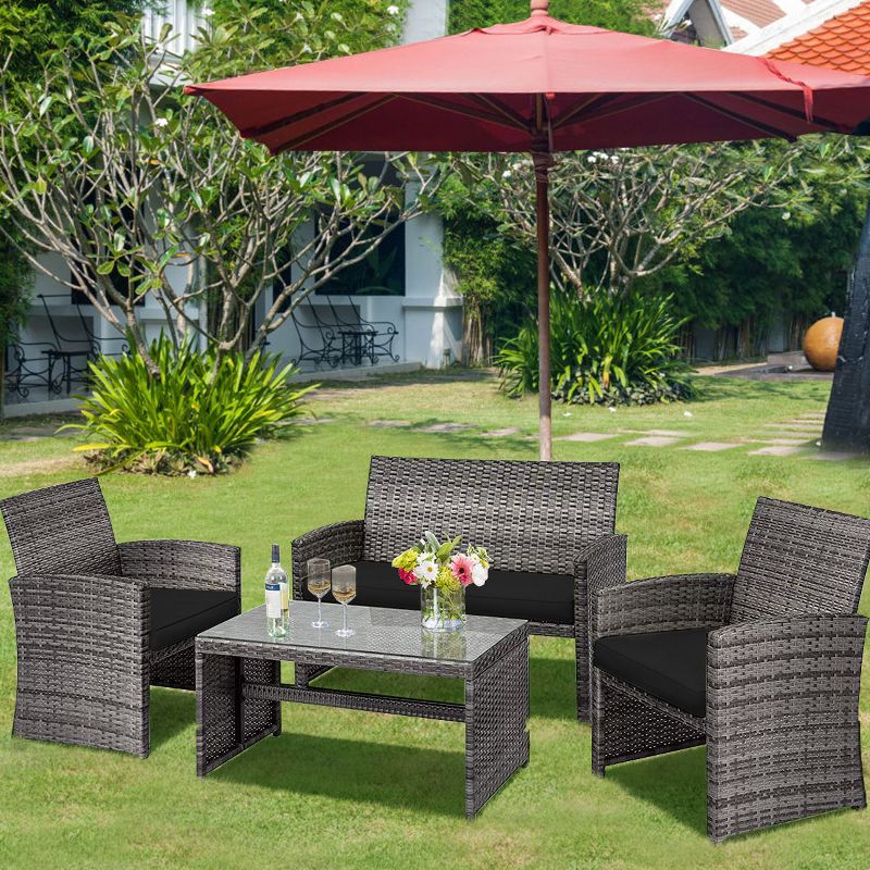 Tangkula 4-Piece Outdoor Patio Furniture Set Rattan Wicker Conversation Sofa Set Black, 2 of 8
