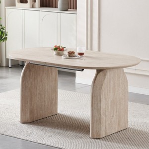 Wood Extendable Dining Table with MDF Top and Dual Pillar Legs,Kitchen Dining Table for Living Room, Modern Oval Dining Table-Koiai - 1 of 4
