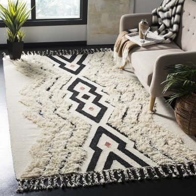 Ivory and Black Geometric Hand-Knotted Wool Rug, 4' x 6'
