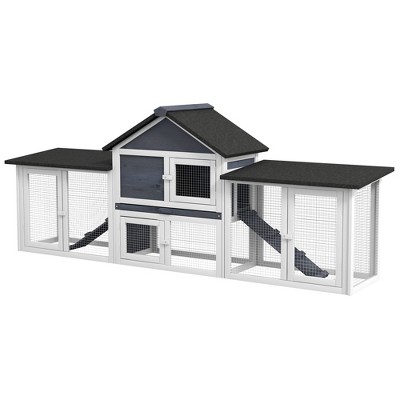 SKYONE 83" Dark Gray 2-Story Wooden Rabbit Hutch with Run, Ladder, Lockable Doors & Slide-Out Tray