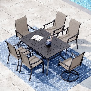 Captiva Designs 7pc Patio Outdoor Dining Rectangle Steel Table with Umbrella Hole & Brown Textilene Arm Chairs - 1 of 4