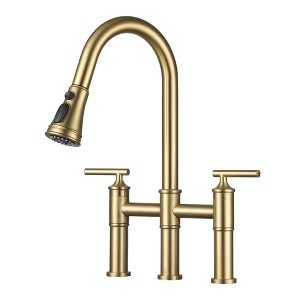 CASAINC Double Handle Bridge Kitchen Faucet with Three Function Pull-Down Sprayhead in Brushed Gold - 1 of 1