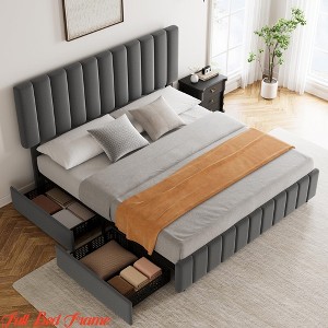 Full/Queen/King Size Bed Frame, Platform Storage Bed w/ 4 Drawers, Upholstered w/Adjustable Headboard, Wood Slat Support - 1 of 4