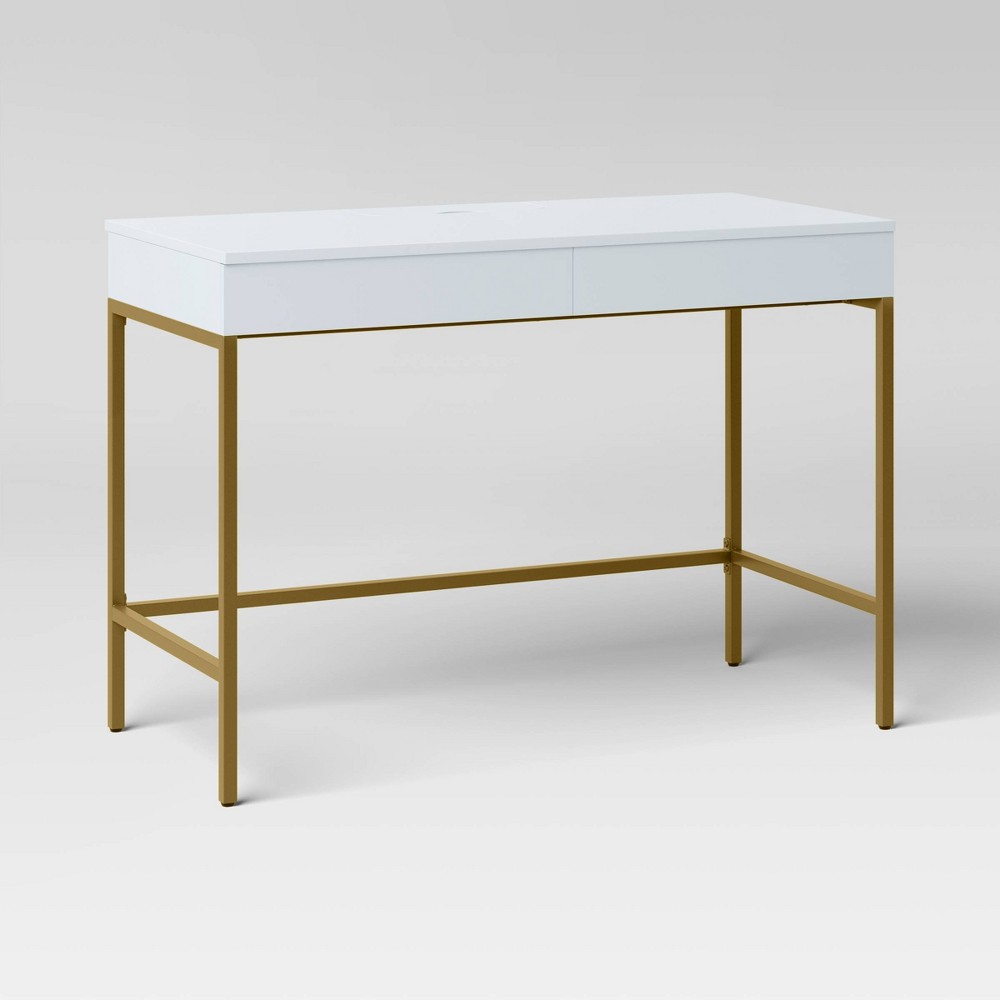 Photos - Other Furniture Loring Wood Writing Desk with Drawers and Charging Station White/Gold - Th