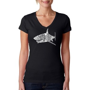 LA Pop Art Women's Word Art V-Neck T-Shirt - SPECIES OF SHARK - 1 of 4