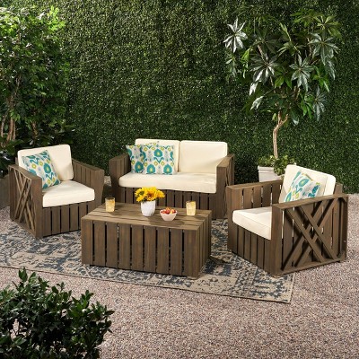 Cadence 4pc Acacia Wood Patio Chat Set with Cushions - Gray - Christopher Knight Home