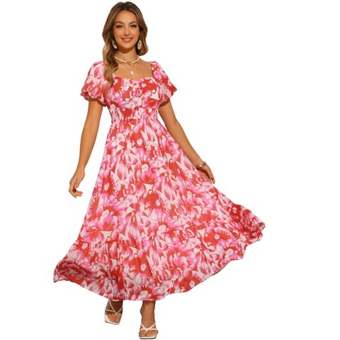 Женские платья INSPIRE CHIC Women's Floral Square Neck Puff Short Sleeve High Waist Smocked Back Flowy Tiered Maxi Dress Pink X-Small