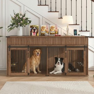 JVNOXK 71-inch Double-layer Dog Crate with 3 Groove Drawers, C-shaped ... - Double Layer Dog Crate And Bed
