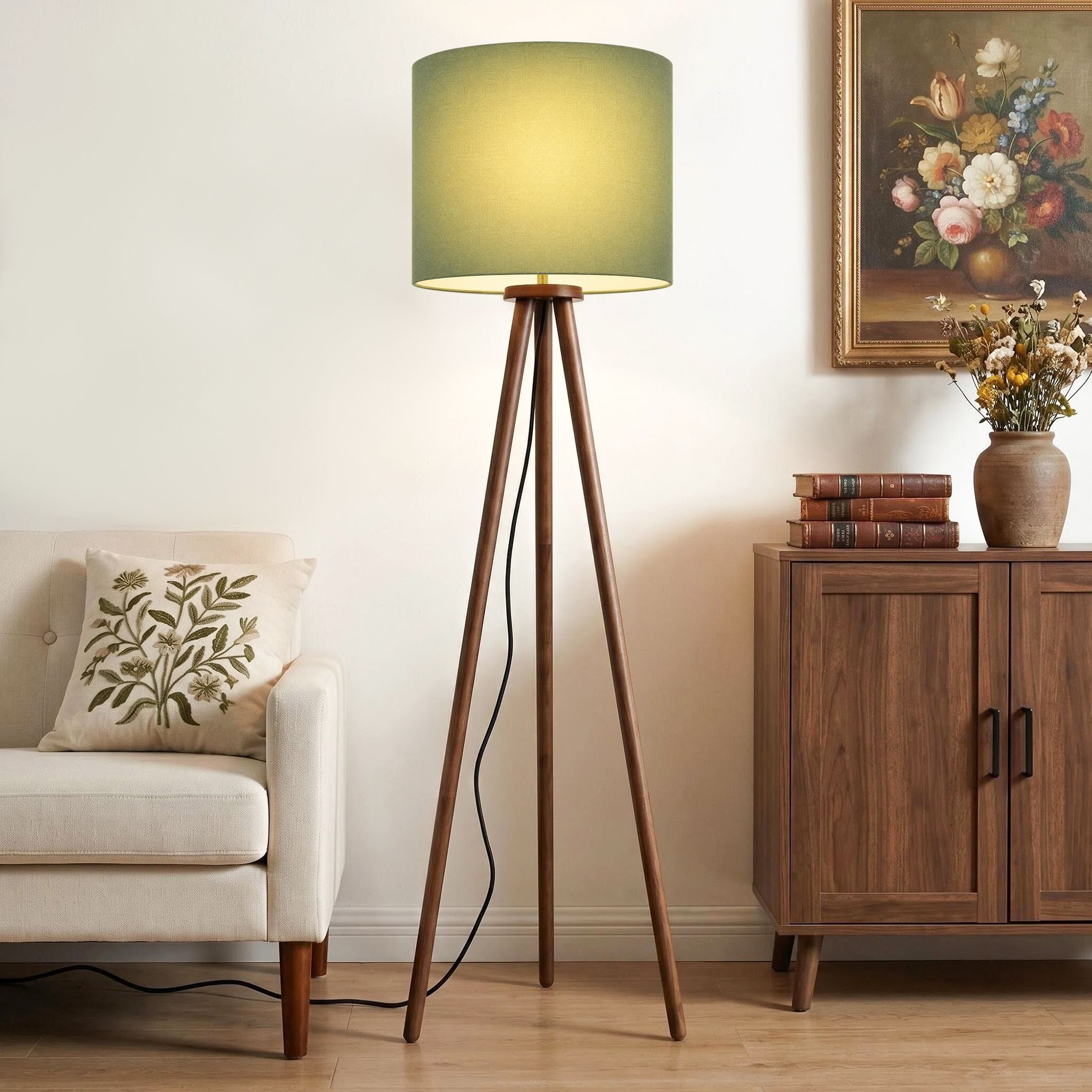 60.5" Natural Wood Tripod Floor Lamp, Nordic Style with White Linen Shade for Bedroom, Living Room, Study, Reading Room & Office
