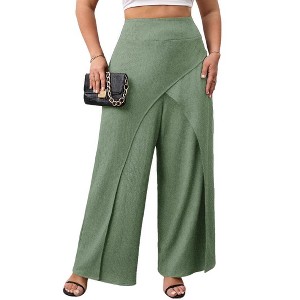 Faux Wrap Palazzo Pants for Plus Size Women Mid Rise Plus Size Wide Leg Pants Asymmetric Pants - 1 of 4