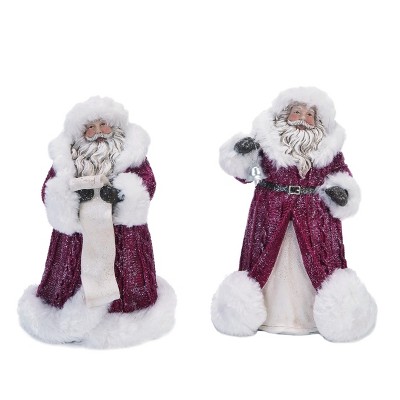 Transpac Resin 8 in. Red Christmas Santa with Fur Coat Figurine Set of 2