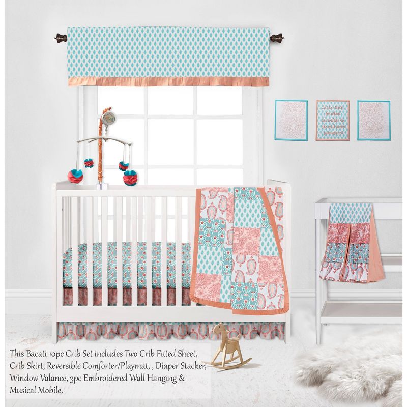 Bacati - Paisley Sophia Coral Aqua 10 pc Crib Bedding Set with 2 Crib Fitted Sheets, 4 of 12
