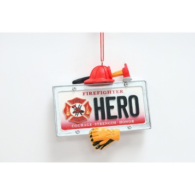 Season's Designs Christmas Tree Fire Fighter License Plate Hanging Ornament, Resin 4.0 X 1.0 X3.5In