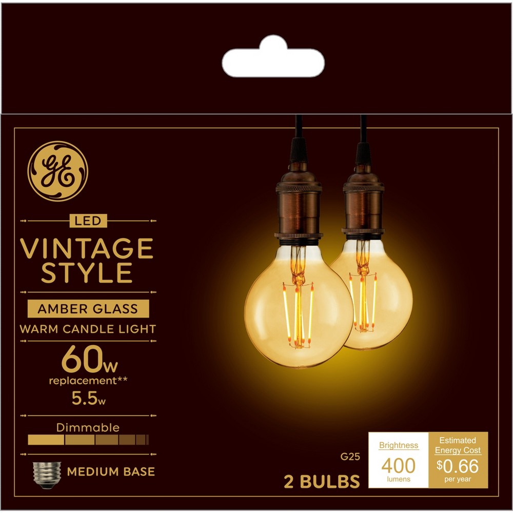 Photos - Light Bulb GE 2pk 5.5W 60W Equivalent LED Globe  Amber Glass Warm Candle L