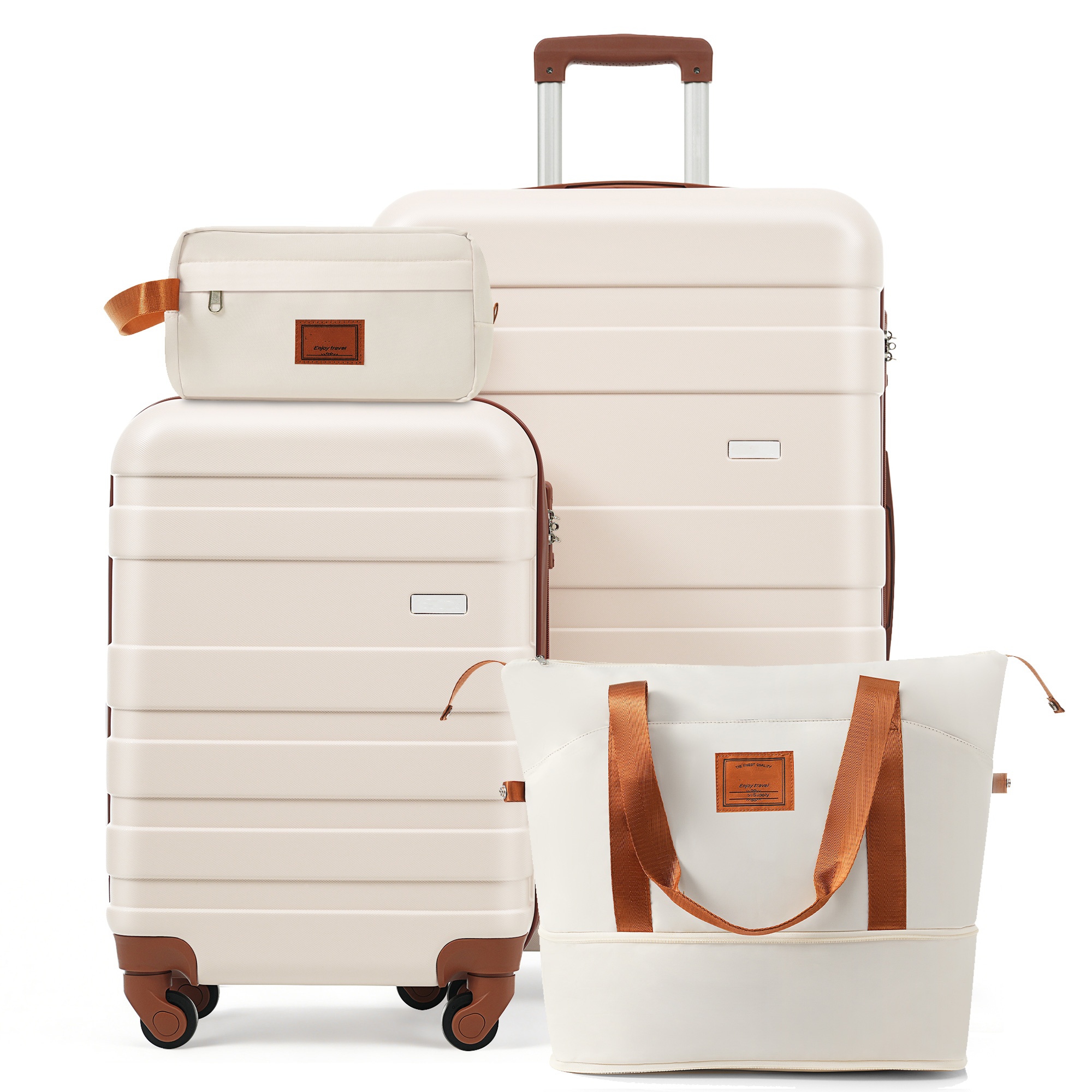 4pcs 20"&28" Luggage Set Hard Shell Carry-On&Checked Suitcase, Travel Duffel Bag, Wet-Dry Toiletry Bag, TSA Lock&Spinner Wheel, Ivory+Brown-ModernLuxe