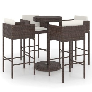 vidaXL Outdoor Patio Bar Set, 5 Pieces with Cream White Cushions, Weather-Resistant Poly Rattan, Round Table, 4 Bar Stools, Brown - 1 of 4